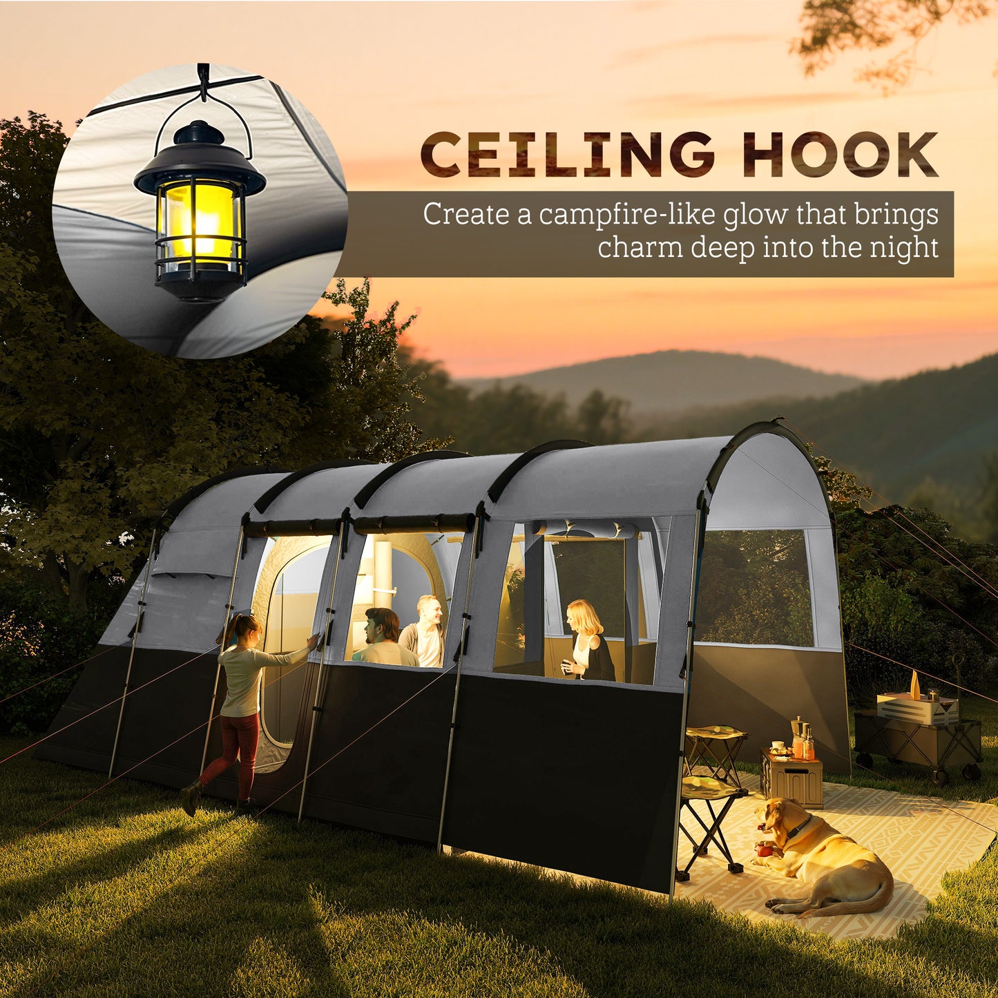 Outsunny 8-Person Camping Tent, Waterproof Family Tent, Tunnel Design, 4 Large Windows, Sleeping Cabins 3000mm Water Column