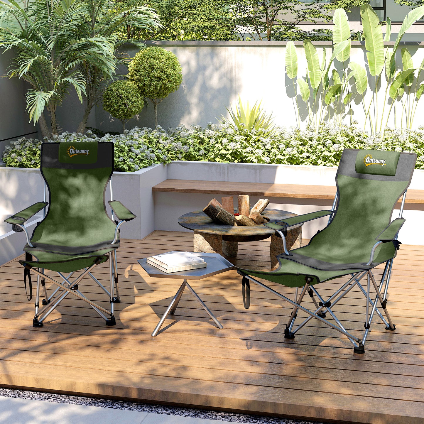 Outsunny Set of 2 Reclining Folding Camping Chair w/ Detachable Footrest, Storage Bag, Cup Holder & Headrest, Lightweight Portable Camp Chair for Beach, Picnic
