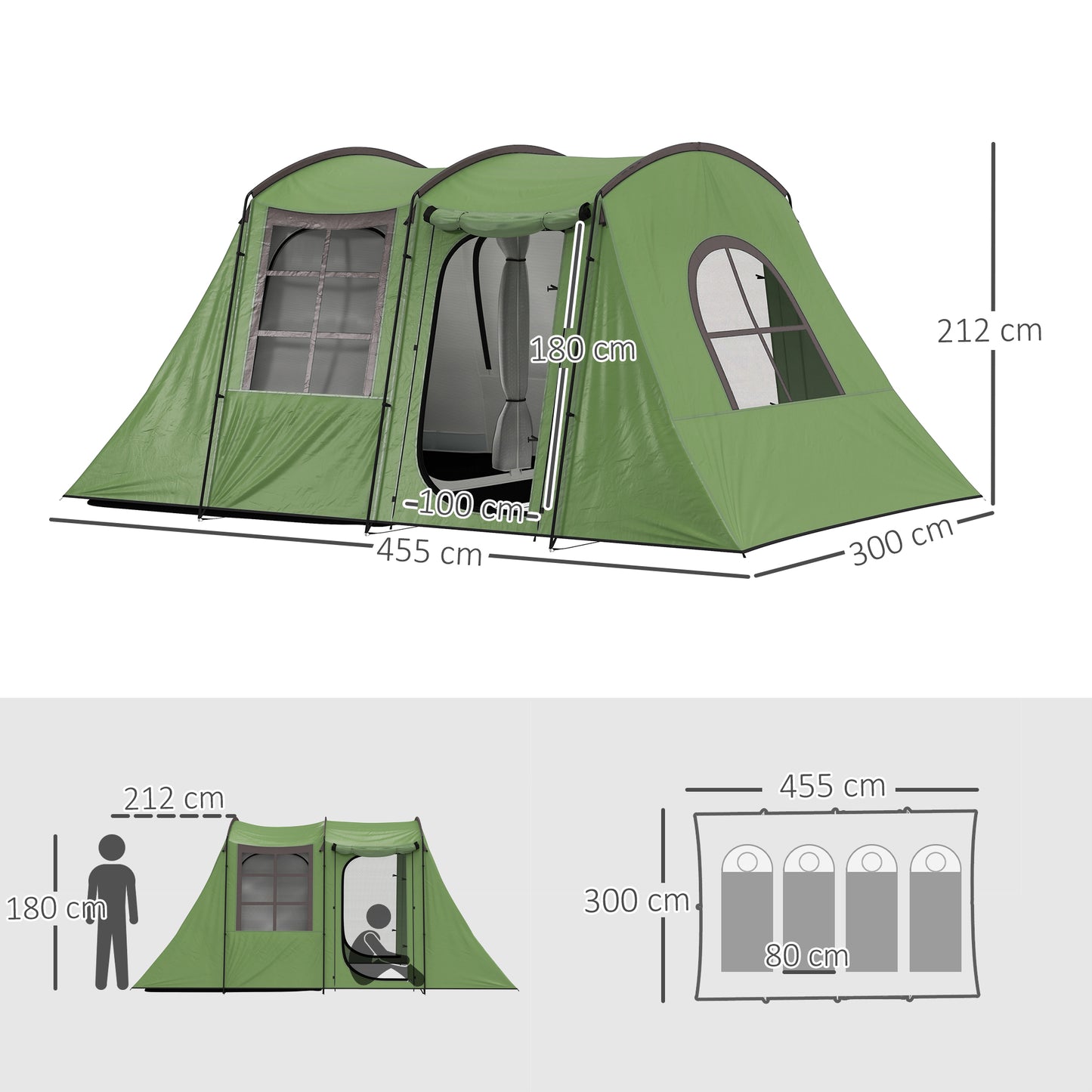 Outsunny 3-4 Man Tunnel Tent, Family Camping Tent with Porch, Bedroom and Living Area, Sewn in Groundsheet, 3000mm Waterproof, Portable with Bag for Hiking, Festival, Backpacking