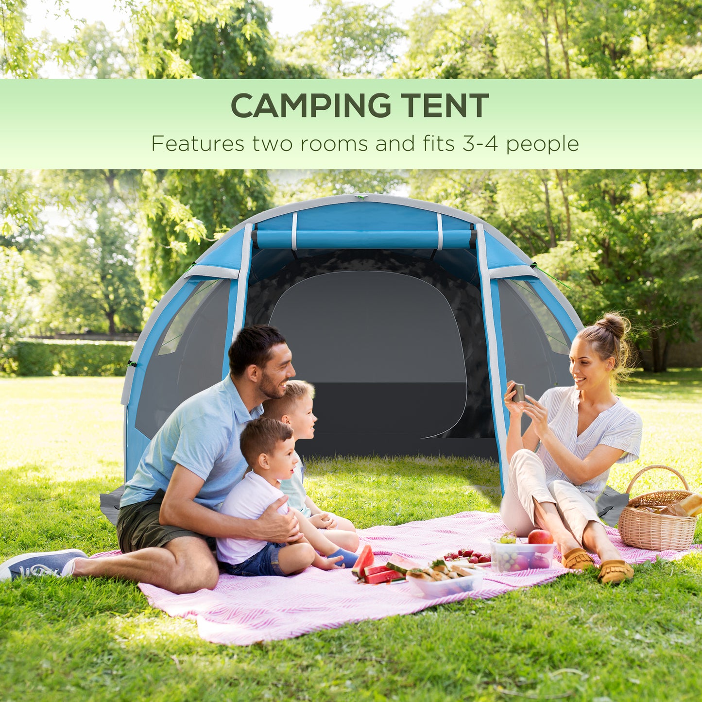 Outsunny 3-4 Man Tunnel Tent, Two Room Camping Tent with Windows and Covers, Portable Carry Bag, for Fishing, Hiking, Sports, Festival