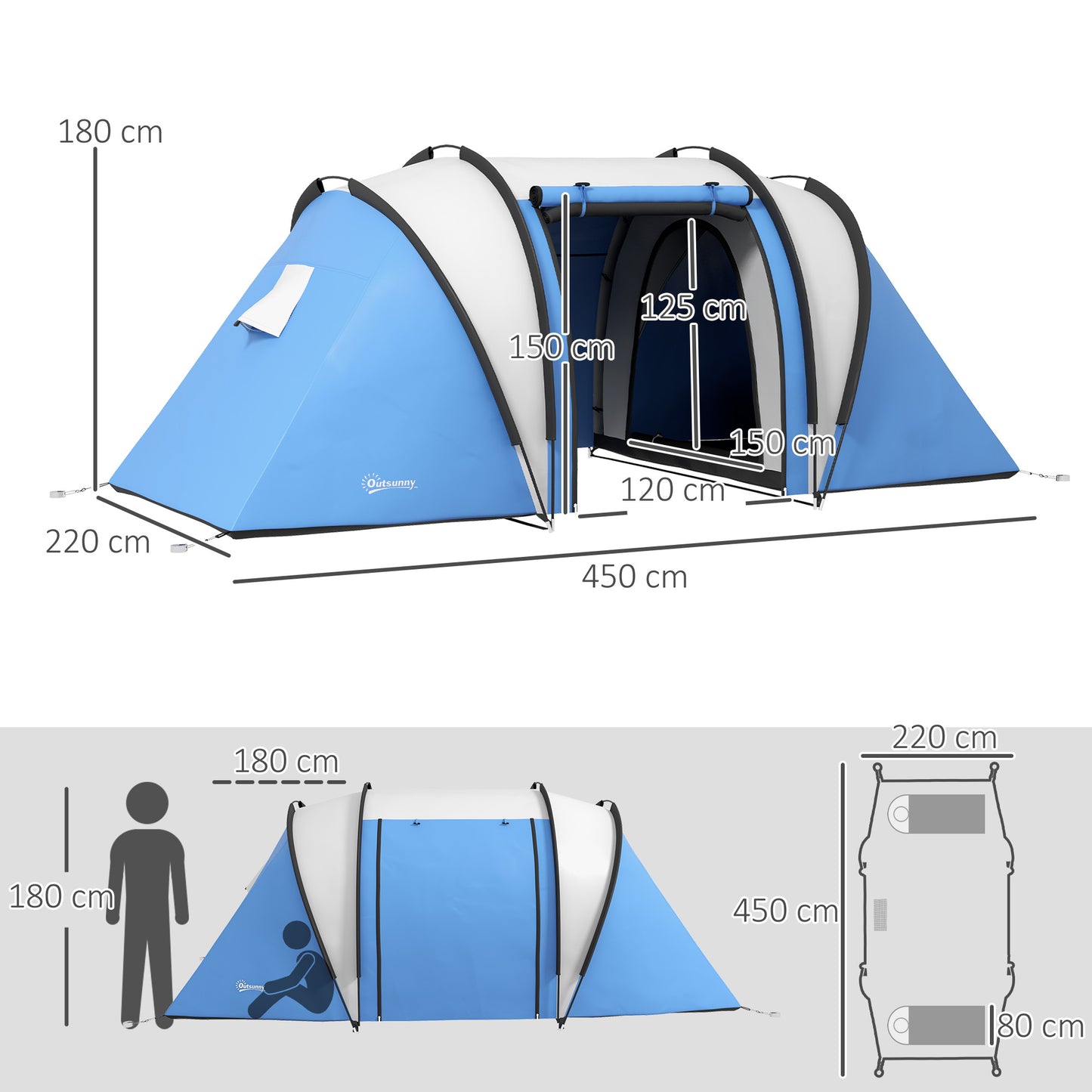 Outsunny Camping Tent with 2 Bedrooms and Living Area, 3000mm Waterproof Family Tent, for Fishing Hiking Festival
