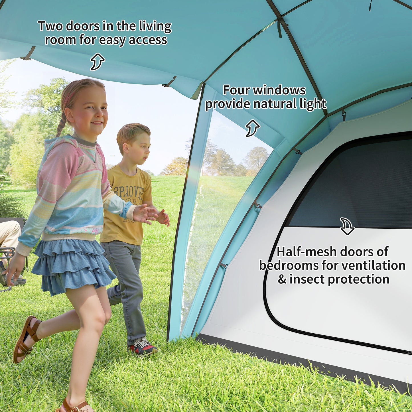 Outsunny 4-6 Man Family Camping Tent w/ 2 Bedrooms and a Living Room, Waterproof Tunnel Tent w/ Sewn In Groundsheet, Doors, Windows, Carry Bag