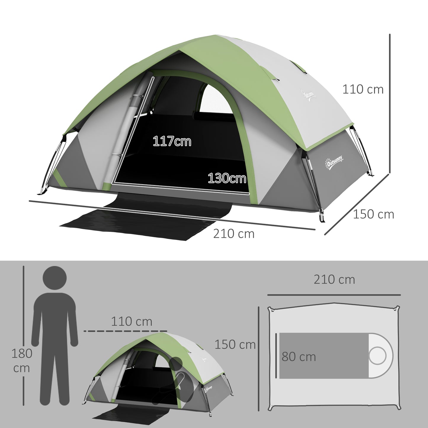 Outsunny Two Man Single Room Dome Tent, with Accessories