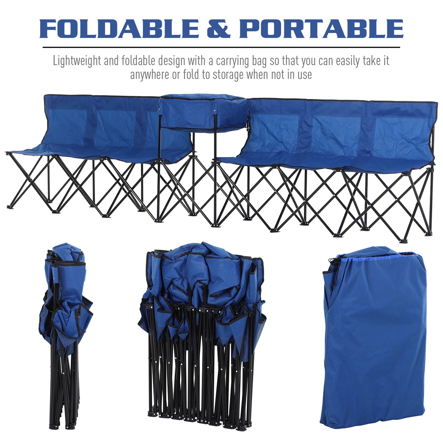 Outsunny 6 Seat Folding Sports Bench Portable Sports Team Bench Spectator Chair with Cooler Bag and Carrying Bag for Outdoor Picnic Camping