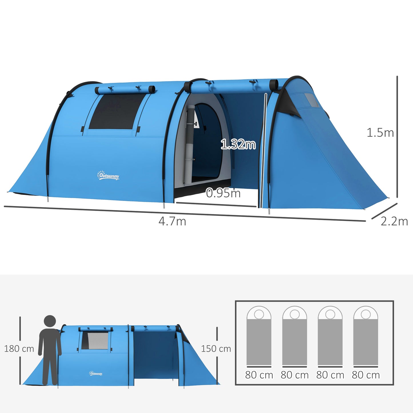 Outsunny Four Man Duo Room Tunnel Tent, with Accessories