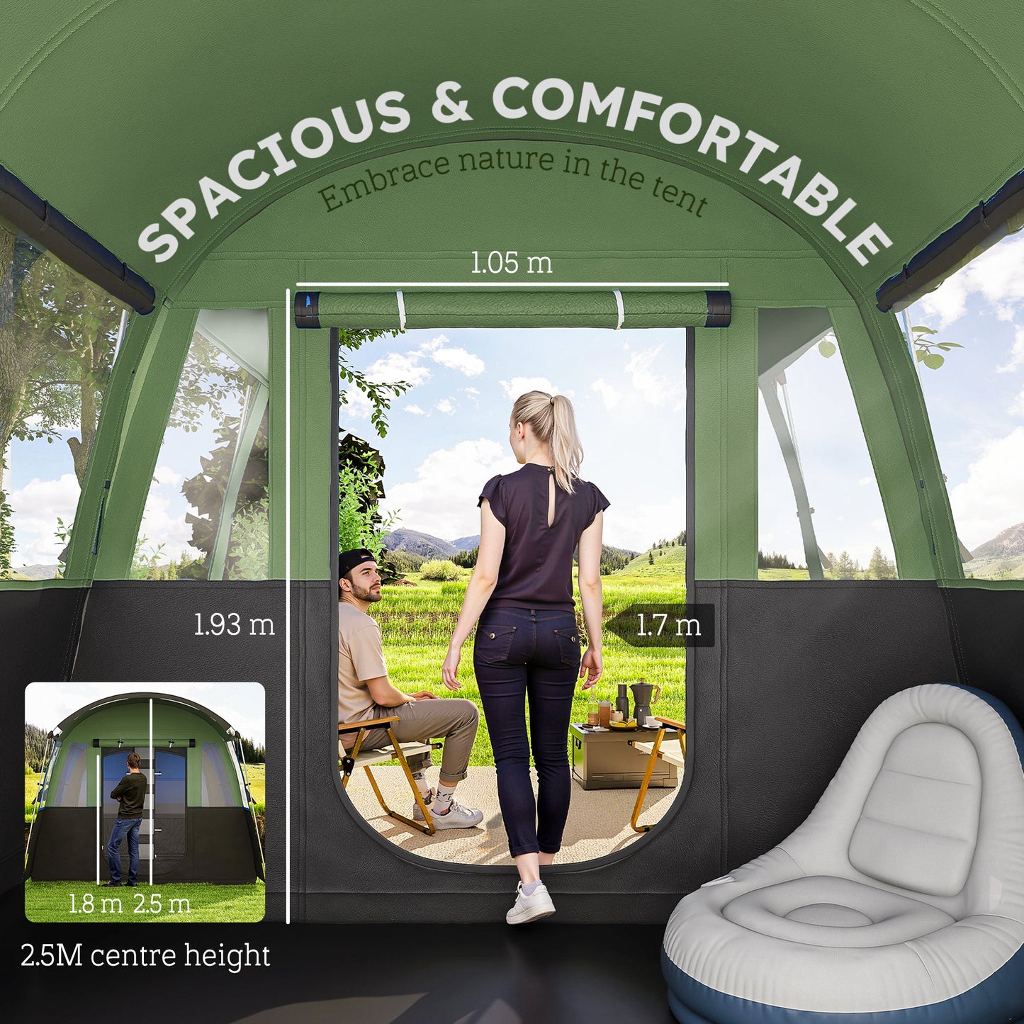 Outsunny 8-Person Camping Tent, Waterproof Family Tent, Tunnel Design, 4 Large Windows, Sleeping Cabins 3000mm Water Column