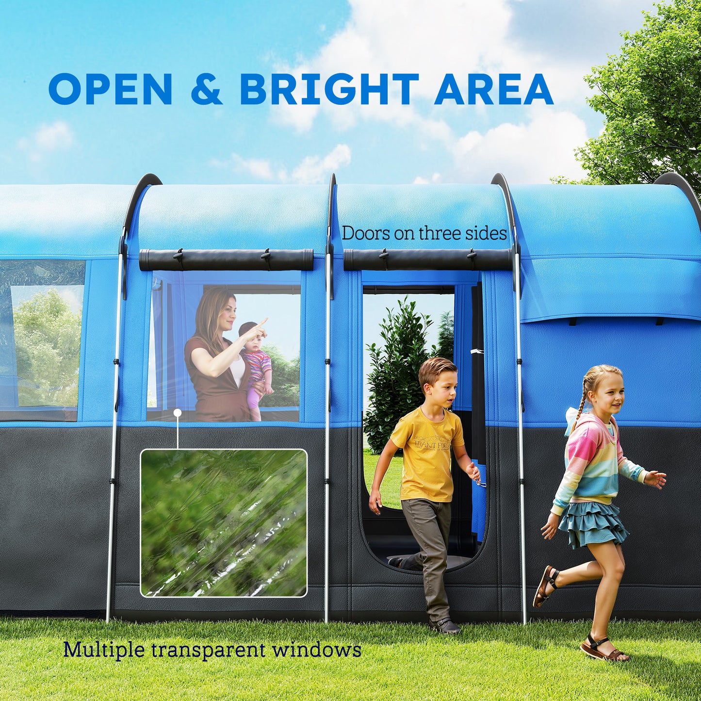 Outsunny 8-Person Camping Tent, Waterproof Family Tent, Tunnel Design, 4 Large Windows, Sleeping Cabins 3000mm Water Column