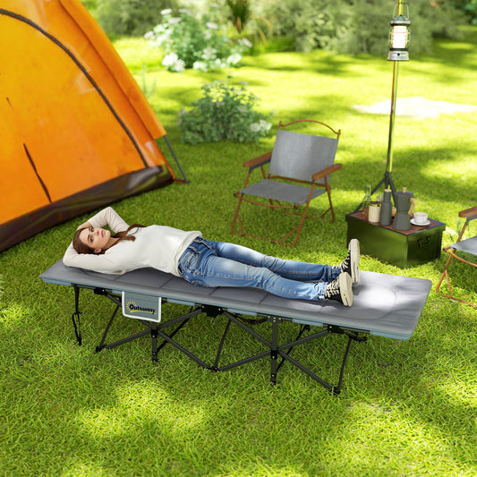 Outsunny Folding Camping Bed for Adults with Cushion, Heavy Duty Portable Travel Camping Cot with Headrest, Side Pocket and Non-Slip Foot Pads for Outdoor Beach Travel Office