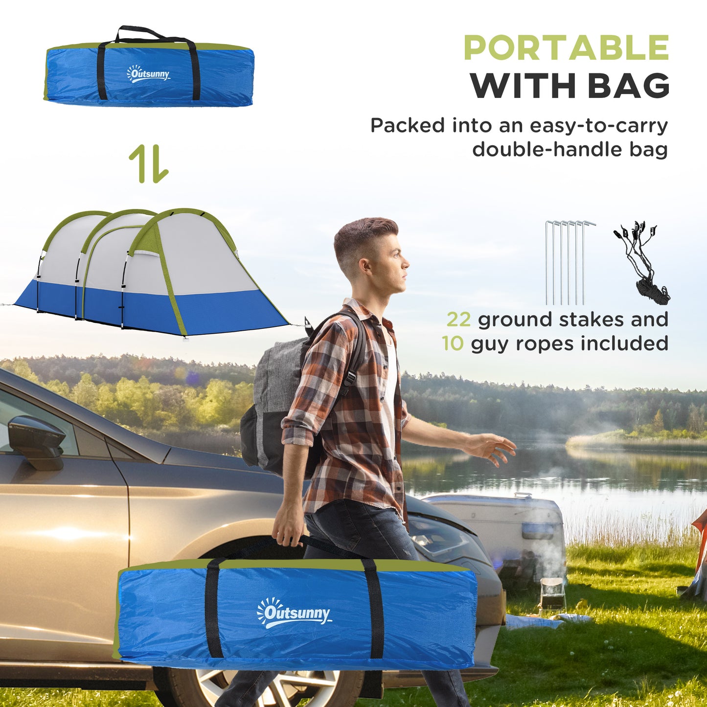 Outsunny Three Man Two-Room Tent, with Porch and Accessories