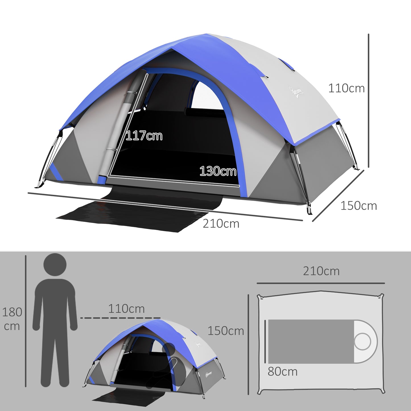 Outsunny Two Man Single Room Dome Tent, with Accessories