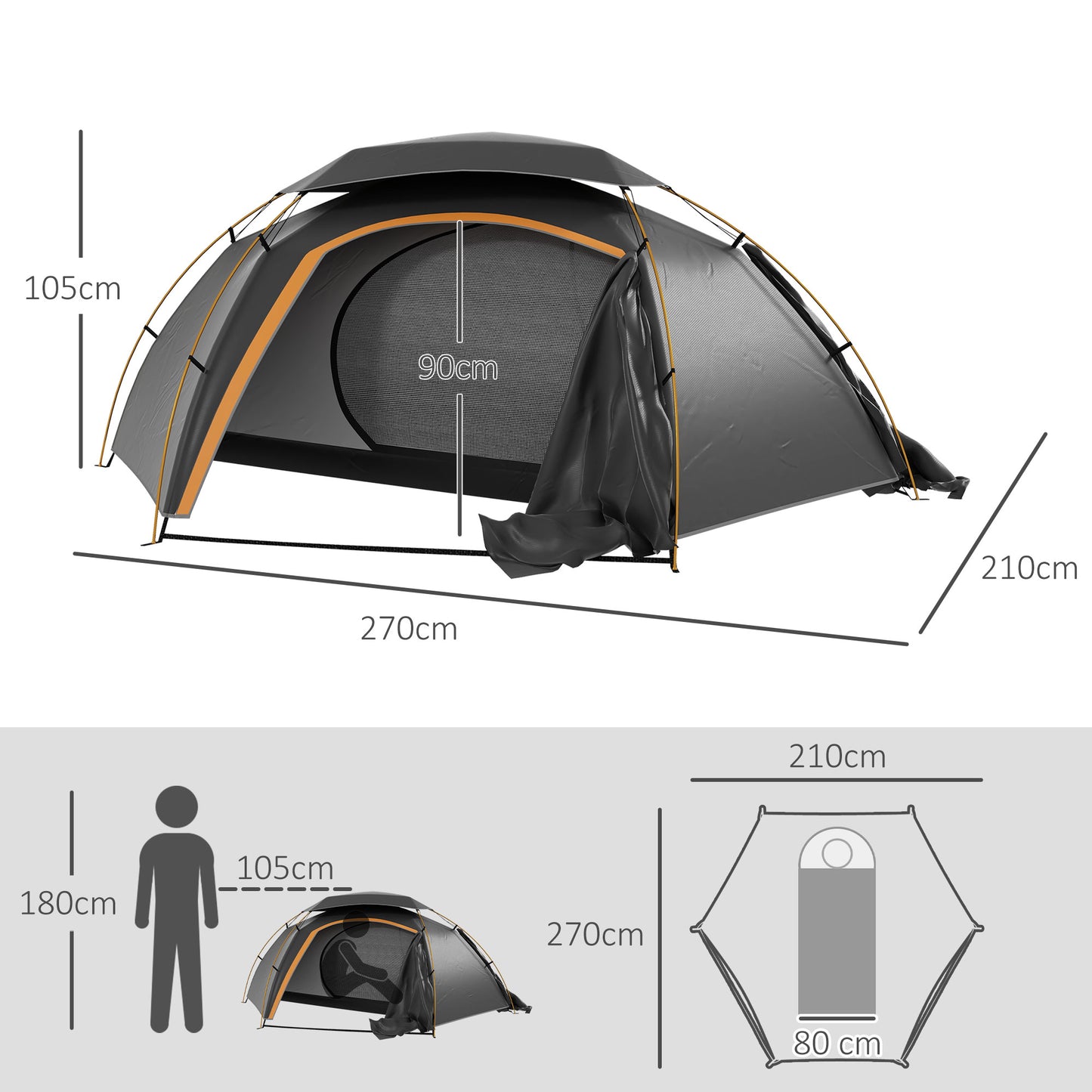 Outsunny Aluminium Frame Camping Tent Dome Tent with Removable Rainfly, 2000mm Waterproof, for 1-2 Man