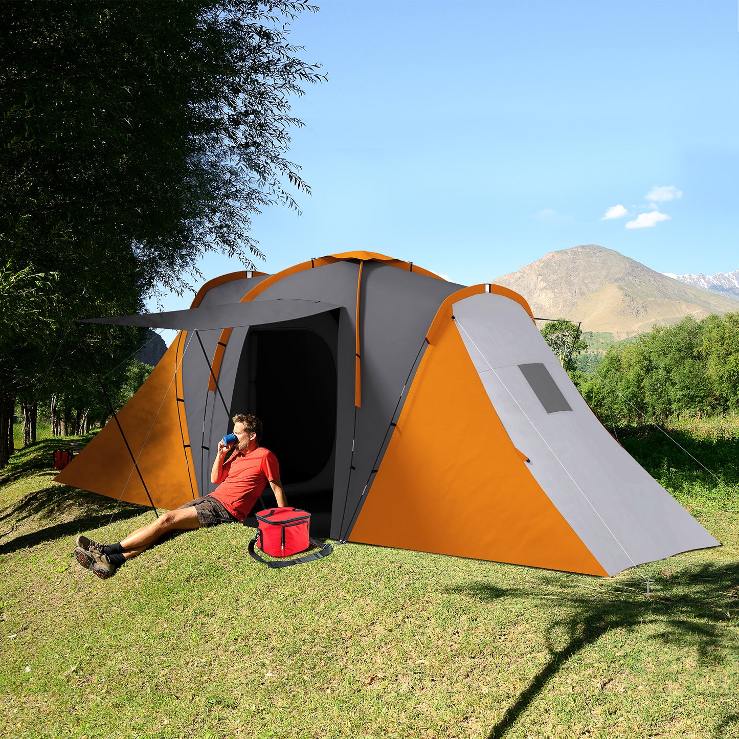Outsunny Large Camping Tent Tunnel Tent with 2 Bedroom and Living Area, 2000mm Waterproof, Portable with Bag for 4-6 Man