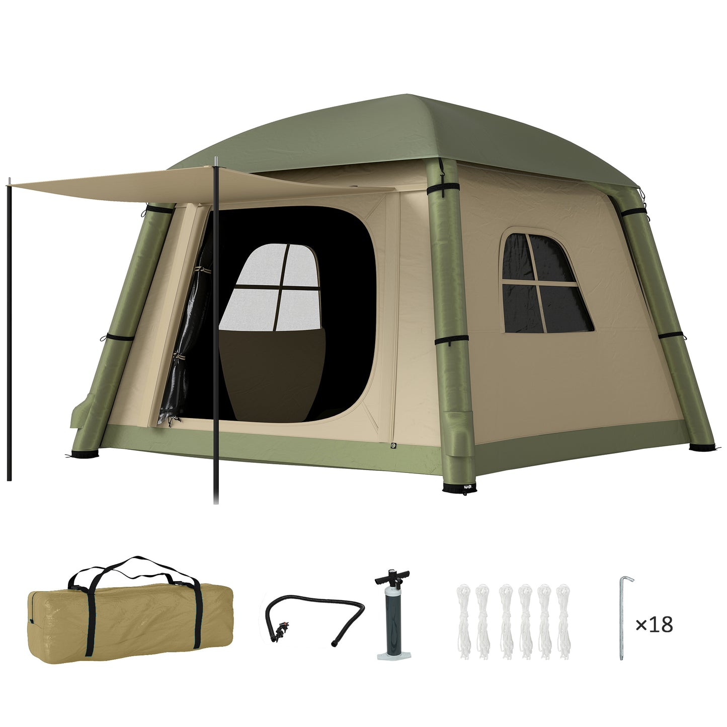 Outsunny Inflatable Camping Tent w/ Hand Pump, Easy Setup 1/2 Person Blow Up Tent Waterproof 190T Taffeta w/ Mesh Windows, Doors and Carry Bag