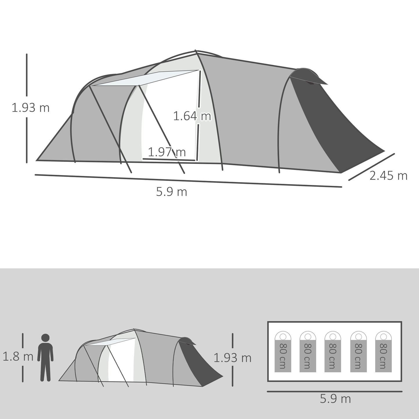 Outsunny Four-Man Tunnel Tent, with Two Bedrooms and Living Room