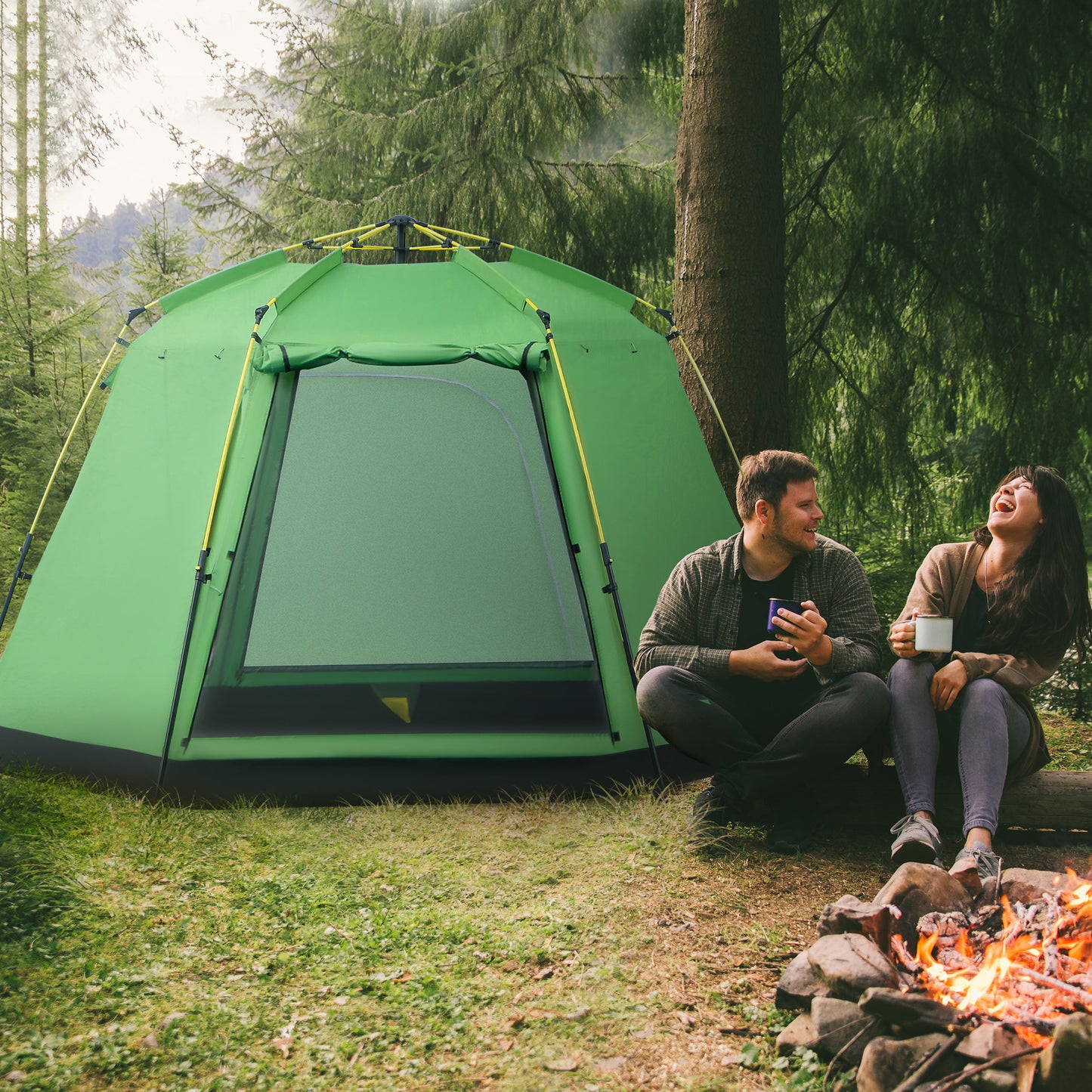 Outsunny 6 Person Pop Up Camping Tent, 2-Tier Design Backpacking Tent with 4 Windows 2 Doors Portable Carry Bag for Fishing Hiking, Green