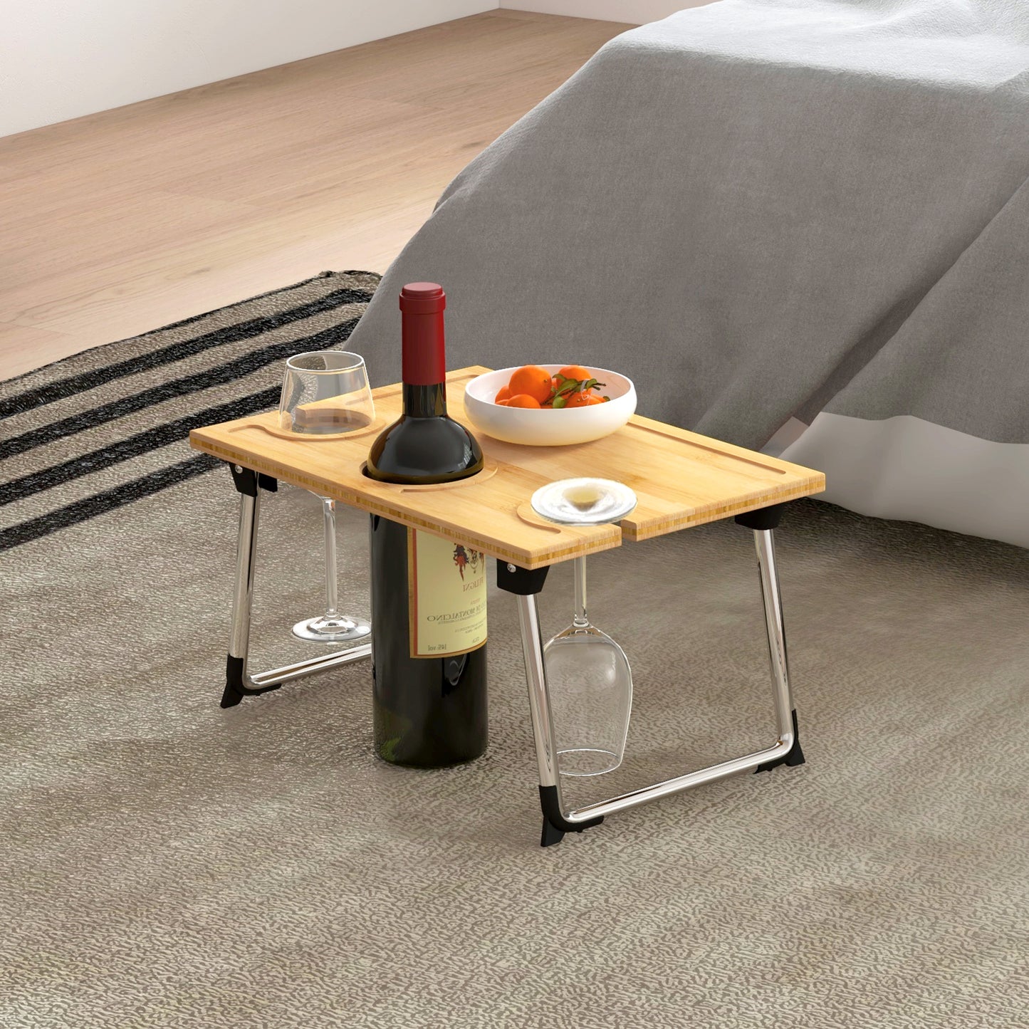 HOMCOM Portable Bamboo Top Wine and Glass Picnic Table