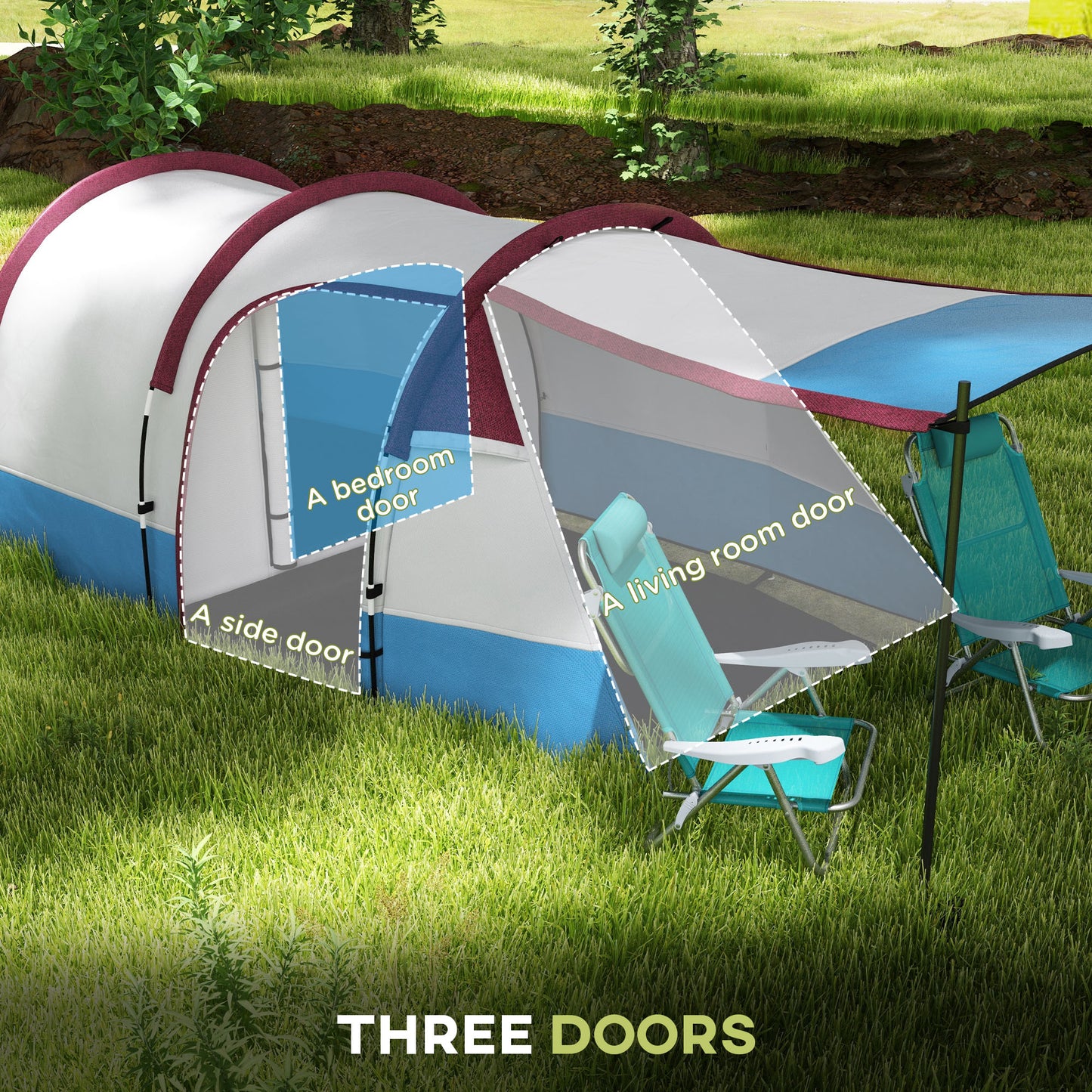 Outsunny Camping Tent, Large Tunnel Tent with Bedroom and Living Area, 2000mm Waterproof, Portable with Bag for 2-3 Man