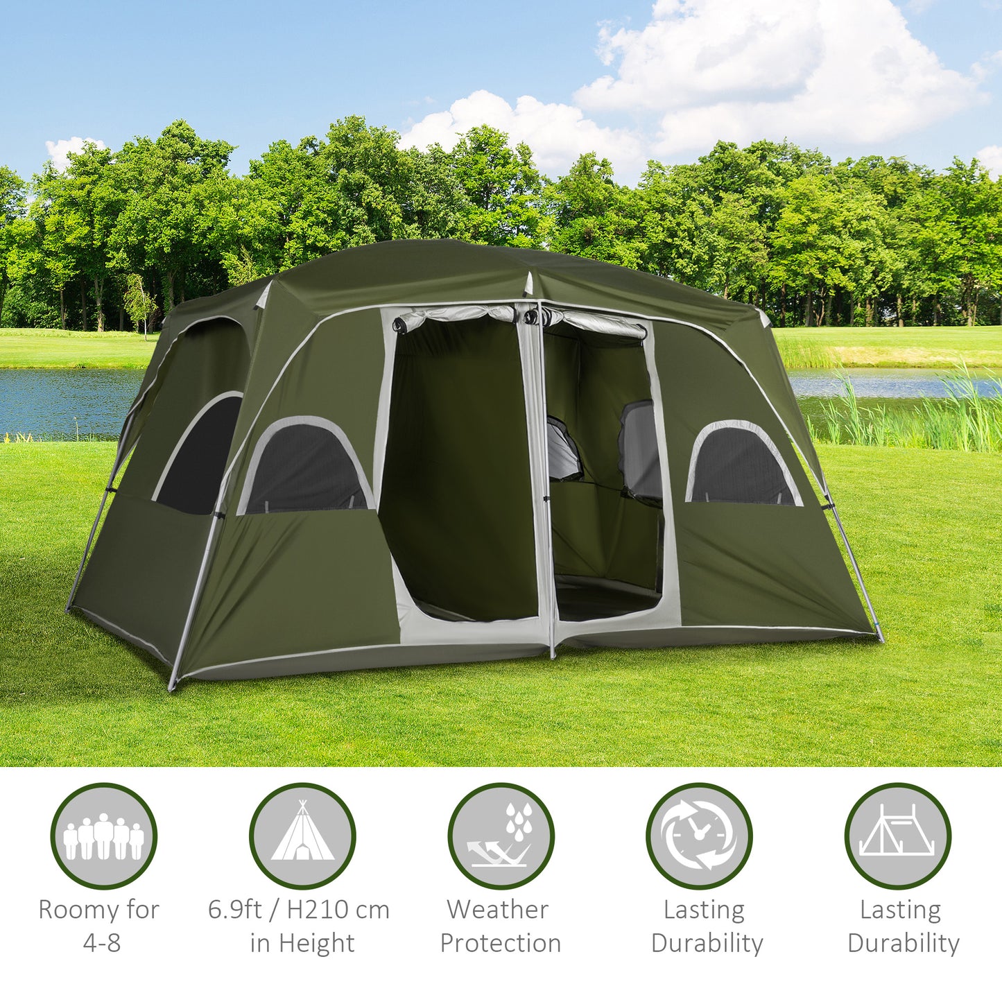 Outsunny Camping Tent, Family Tent 4-8 Person 2 Room, with Large Mesh Windows, Easy Set Up for Backpacking Hiking Outdoor