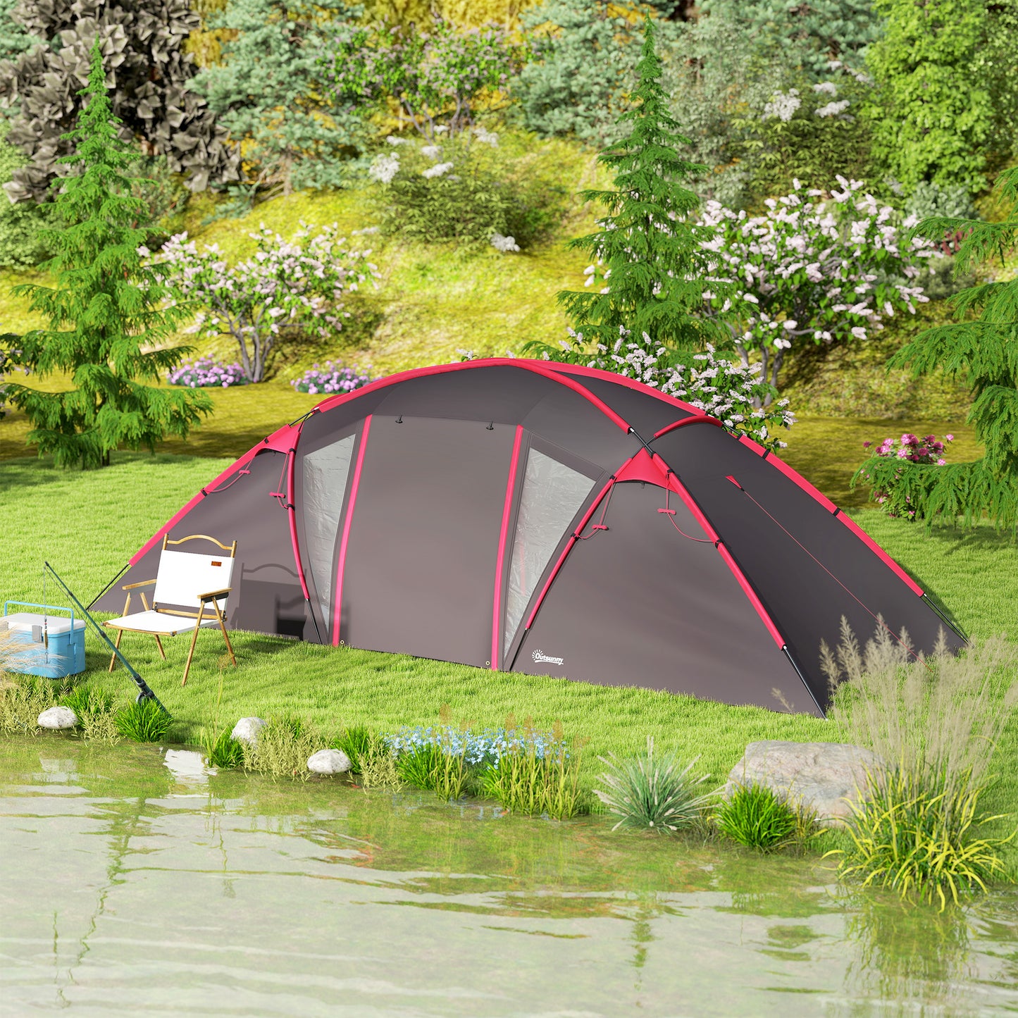Outsunny 4-6 Man Family Camping Tent w/ 2 Bedrooms and a Living Room, Waterproof Tunnel Tent w/ Sewn In Groundsheet, Doors, Windows, Carry Bag