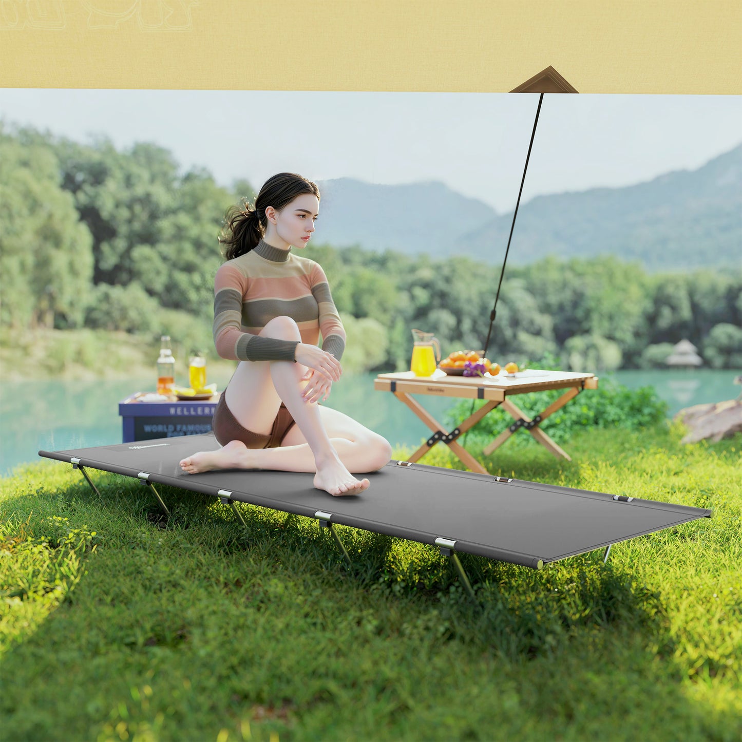Outsunny Lightweight Camping Bed, Aluminium Portable Camp Cot w/ Strong Support 150kg and Carry Bag for Camping