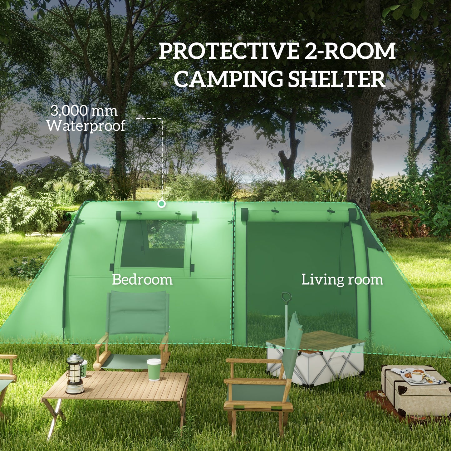 Outsunny Four Man Duo Room Tunnel Tent, with Accessories