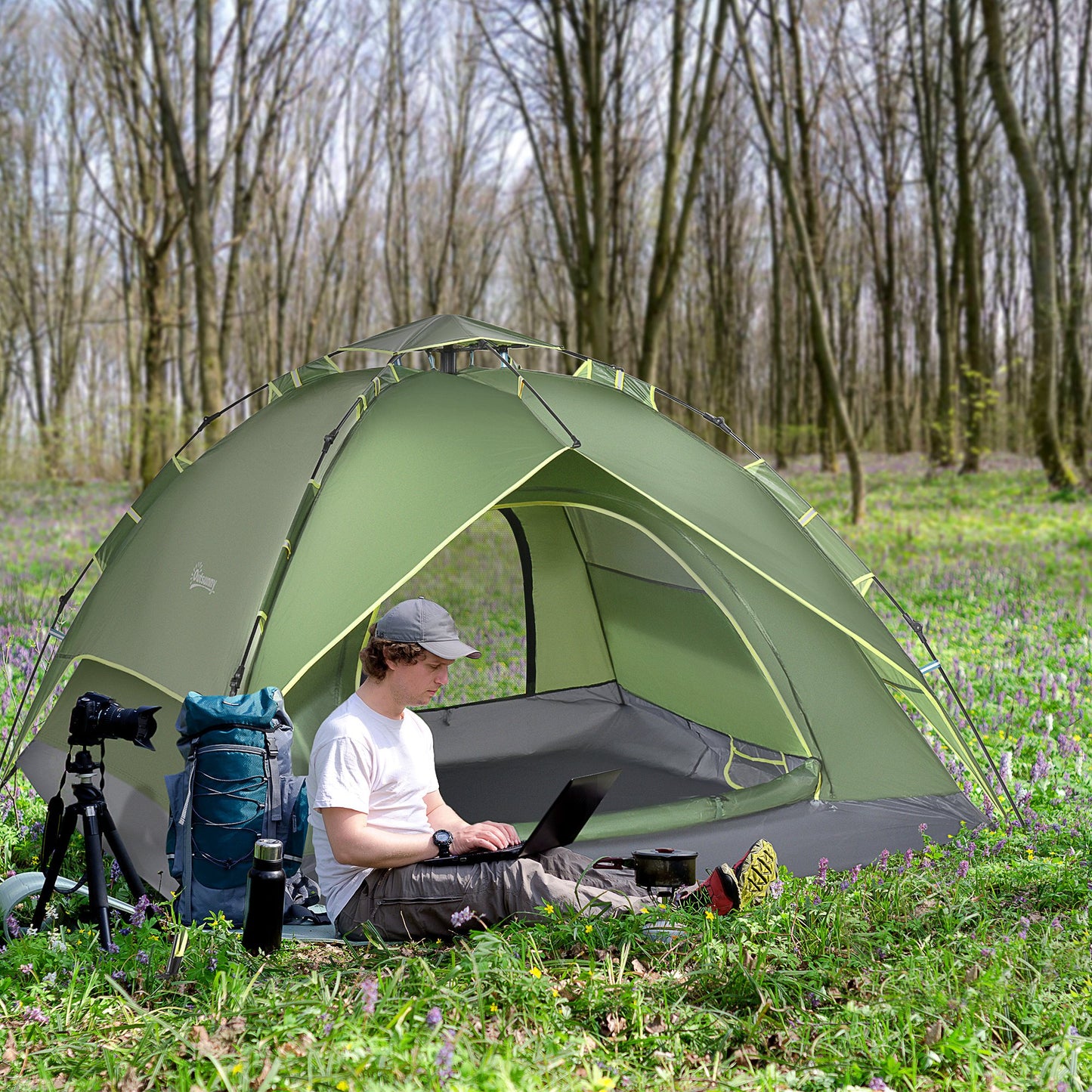 Outsunny 3 Man Camping Tent Automatic Pop Up Tent Portable Double Layer for Festival Hiking Family Travel Shelter