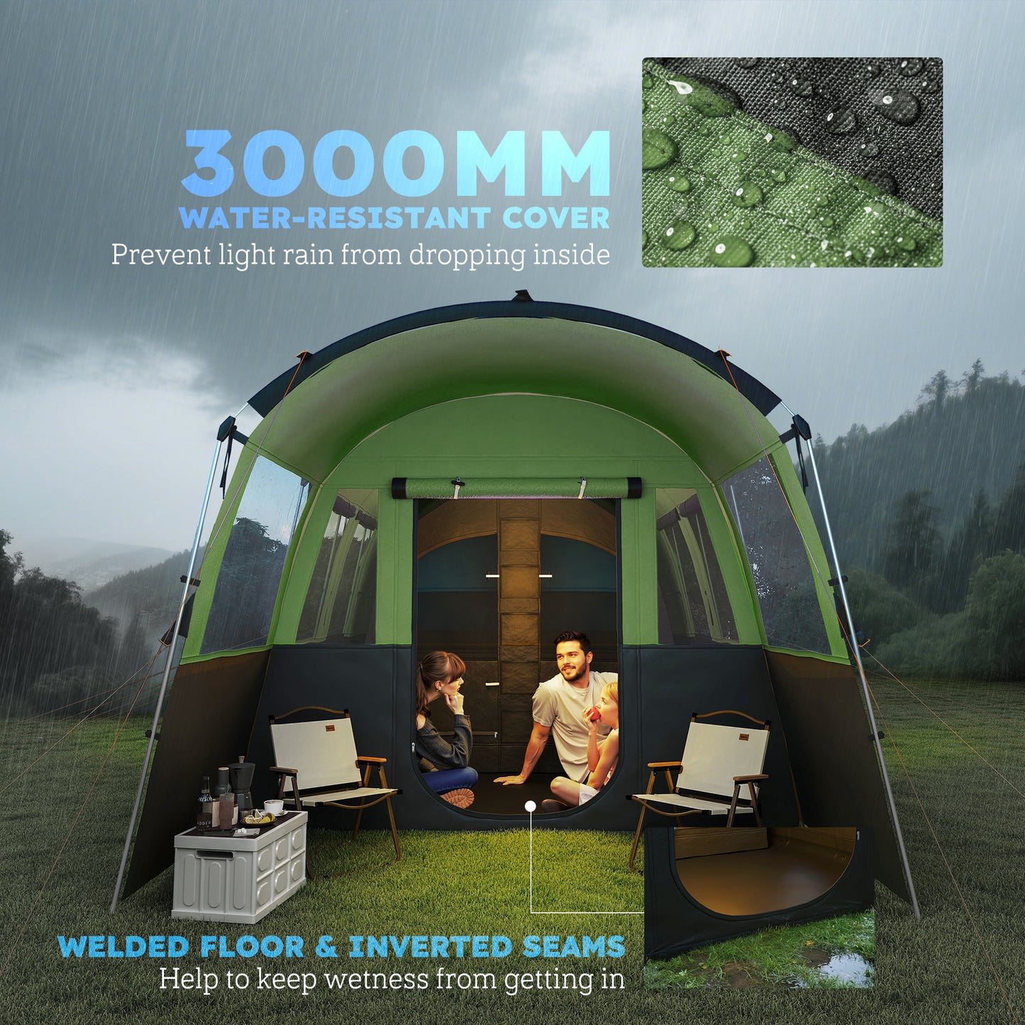 Outsunny 8-Person Camping Tent, Waterproof Family Tent, Tunnel Design, 4 Large Windows, Sleeping Cabins 3000mm Water Column