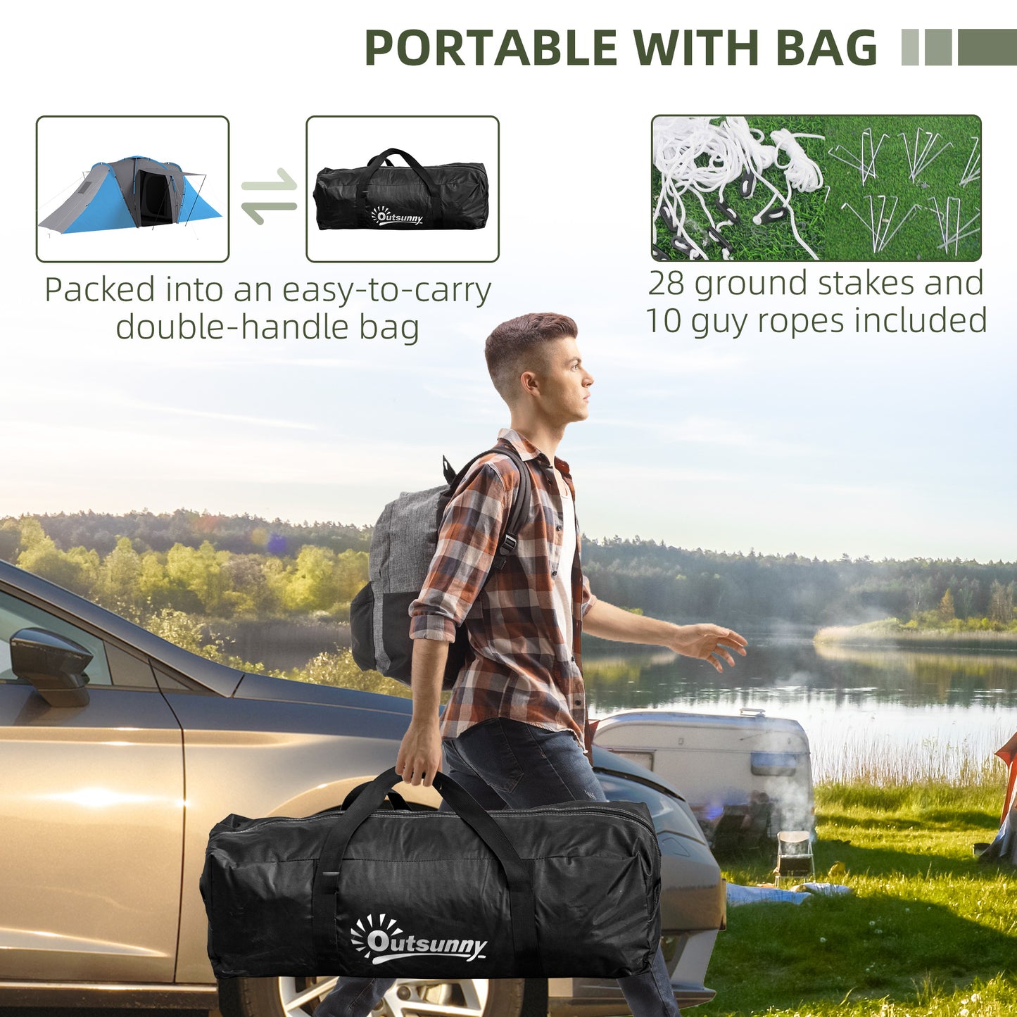 Outsunny Large Camping Tent Tunnel Tent with 2 Bedroom and Living Area, 2000mm Waterproof, Portable with Bag for 4-6 Man