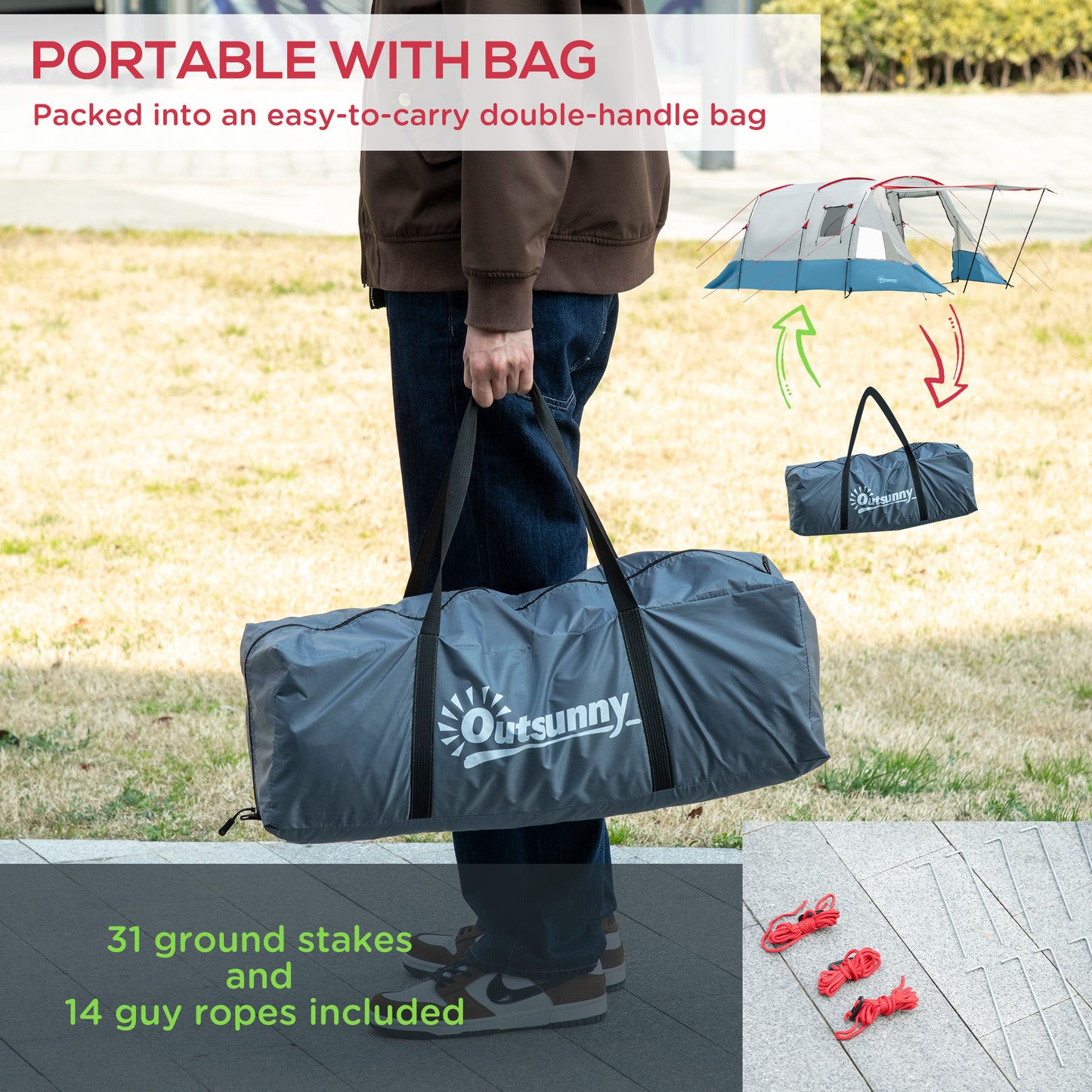 Outsunny 6-8 Person Tunnel Tent, Camping Tent with Bedroom, Living Room, Sewn-in Floor, 3 Doors and Carry Bag, 2000mm Water Column for Fishing, Hiking, Sports, and Traveling