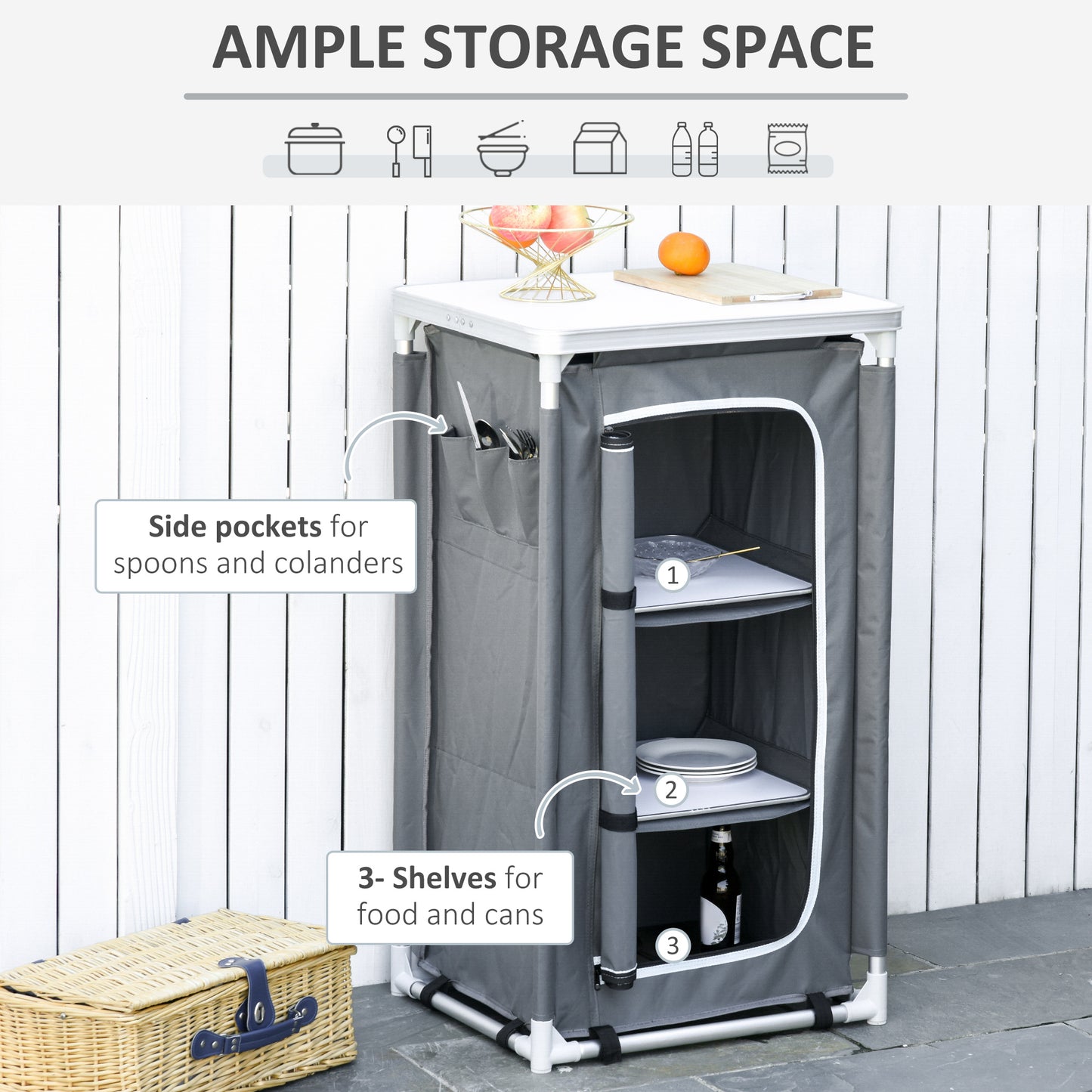 Outsunny 3-Shelf Camping Cupboard Camping Kitchen Station Cook Table, Storage Organiser for BBQ Party Picnics Backyards with Carrying Bag