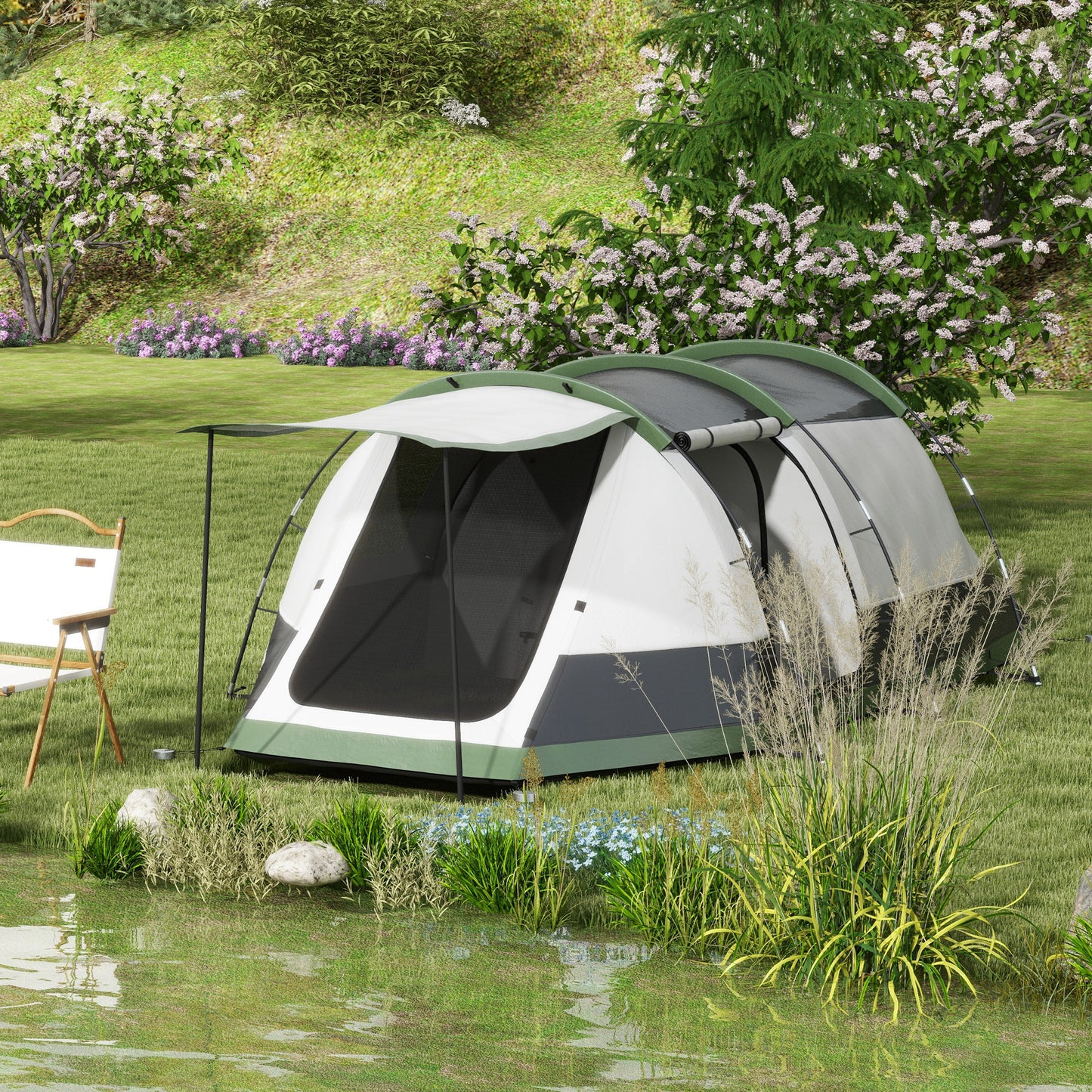 Outsunny Three-Man Camping Tent, with Two Rooms and Porch