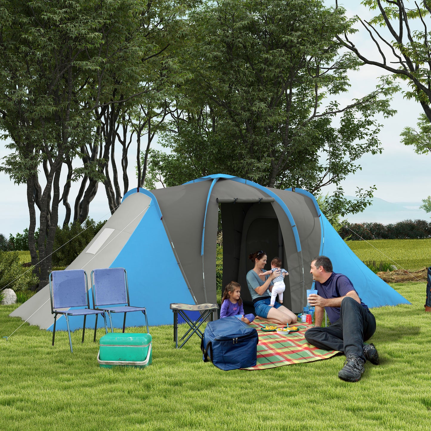 Outsunny Large Camping Tent Tunnel Tent with 2 Bedroom and Living Area, 2000mm Waterproof, Portable with Bag for 4-6 Man