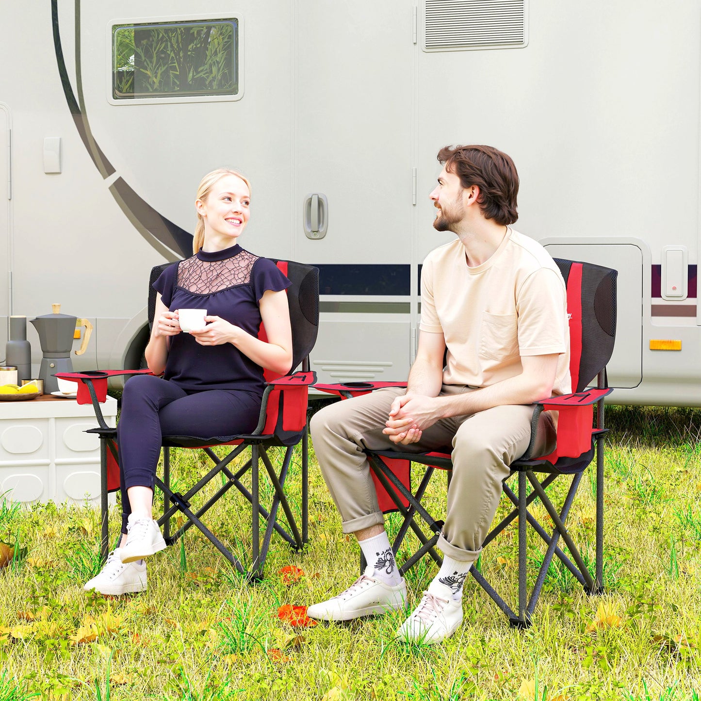 Outsunny Set of 2 Folding Camping Chairs, Padded Camping Chairs with Adjustable Armrests, Portable & Lightweight Folding Camp Chair with Cooler Bag, Cup Holder and Side Pockets