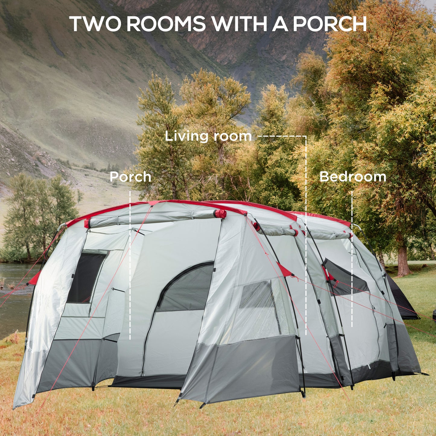 Outsunny 6-8 Person Tunnel Tent, Camping Tent with Bedroom, Living Room, Sewn-in Floor, 3 Doors and Carry Bag, 2000mm Water Column for Fishing, Hiking, Sports, and Traveling