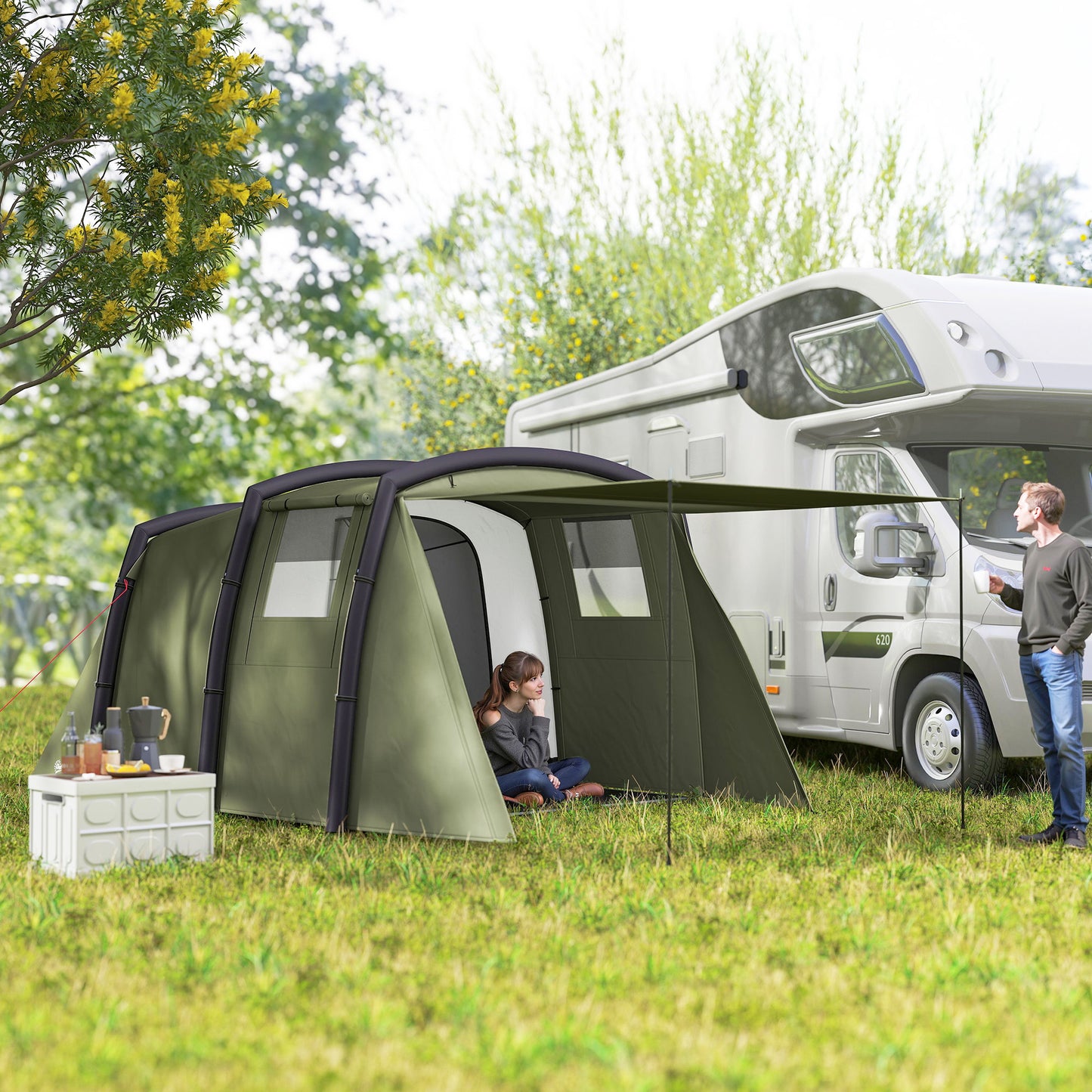 Outsunny Inflatable 3-4 Man Tunnel Tent w/ Air Pump, Living Area & Vestibule, Waterproof Family Camping Air Tent w/ Sewn In Groundsheet & Removable Footprint for Camping, Hiking