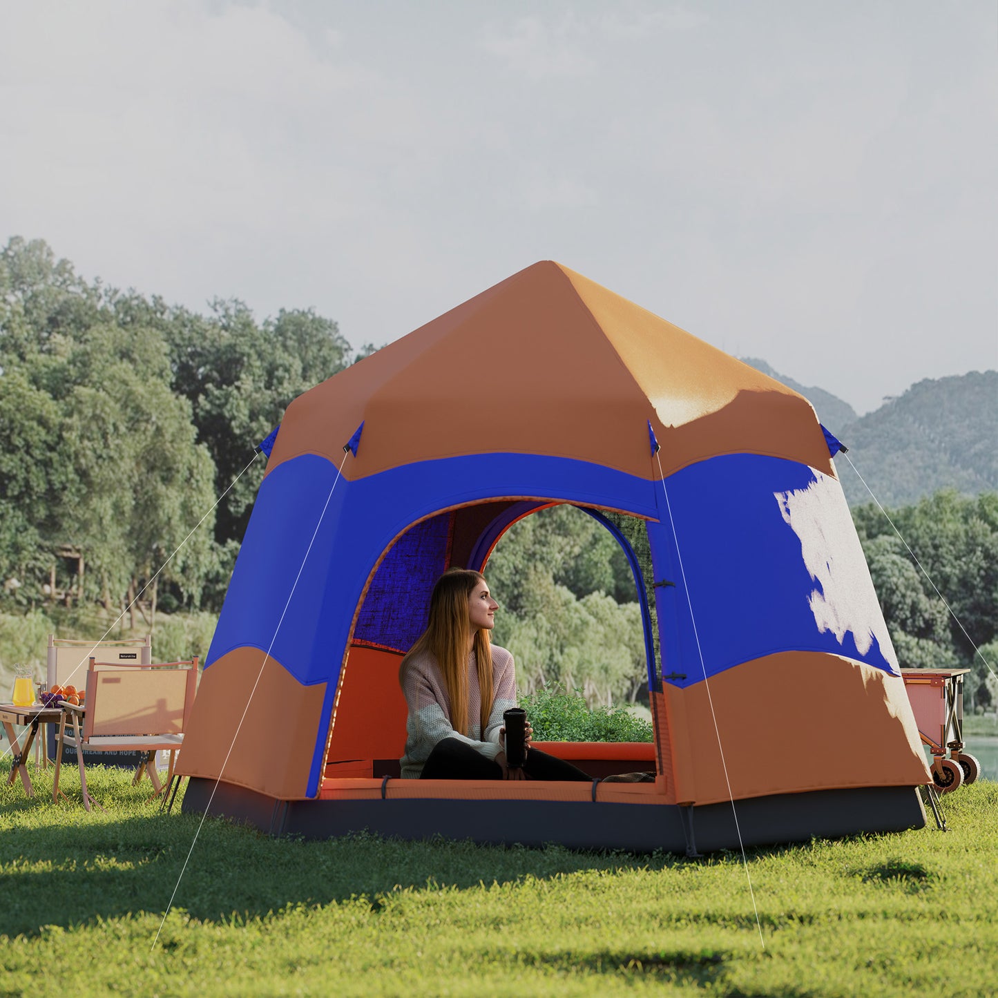 Outsunny Six Man Hexagon Camping Tent with Hang Hook and Carry Bag