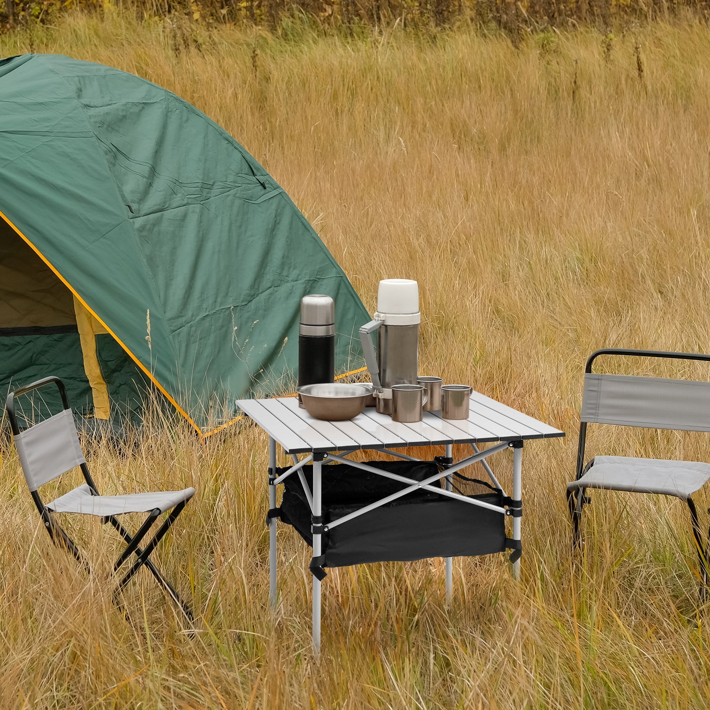 Outsunny Portable Camping Table w/ Mesh Bag & Steel Frame Hiking Furniture Desk