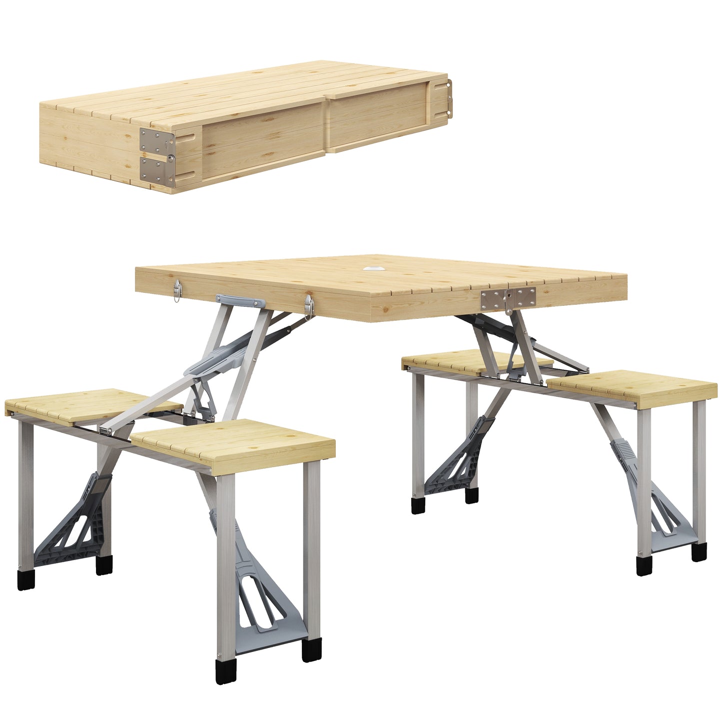 Outsunny Aluminium Frame Folding Picnic Table, Portable Camping Table and Chairs Set with Umbrella Hole