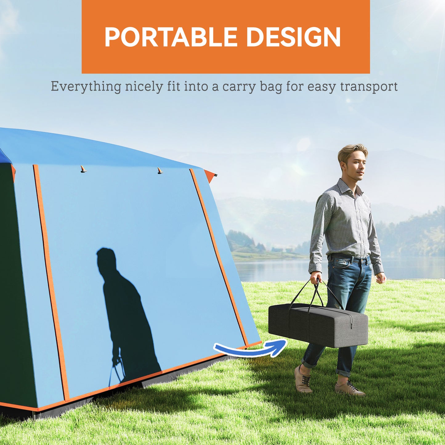 Outsunny 4-6 Man Camping Tent, Double Layer Tunnel Tent with Porch, Living Area and 2 Bedrooms, Sewn in Groundsheet, 3000mm Waterproof and UPF 30+, Portable with Bag, Blue