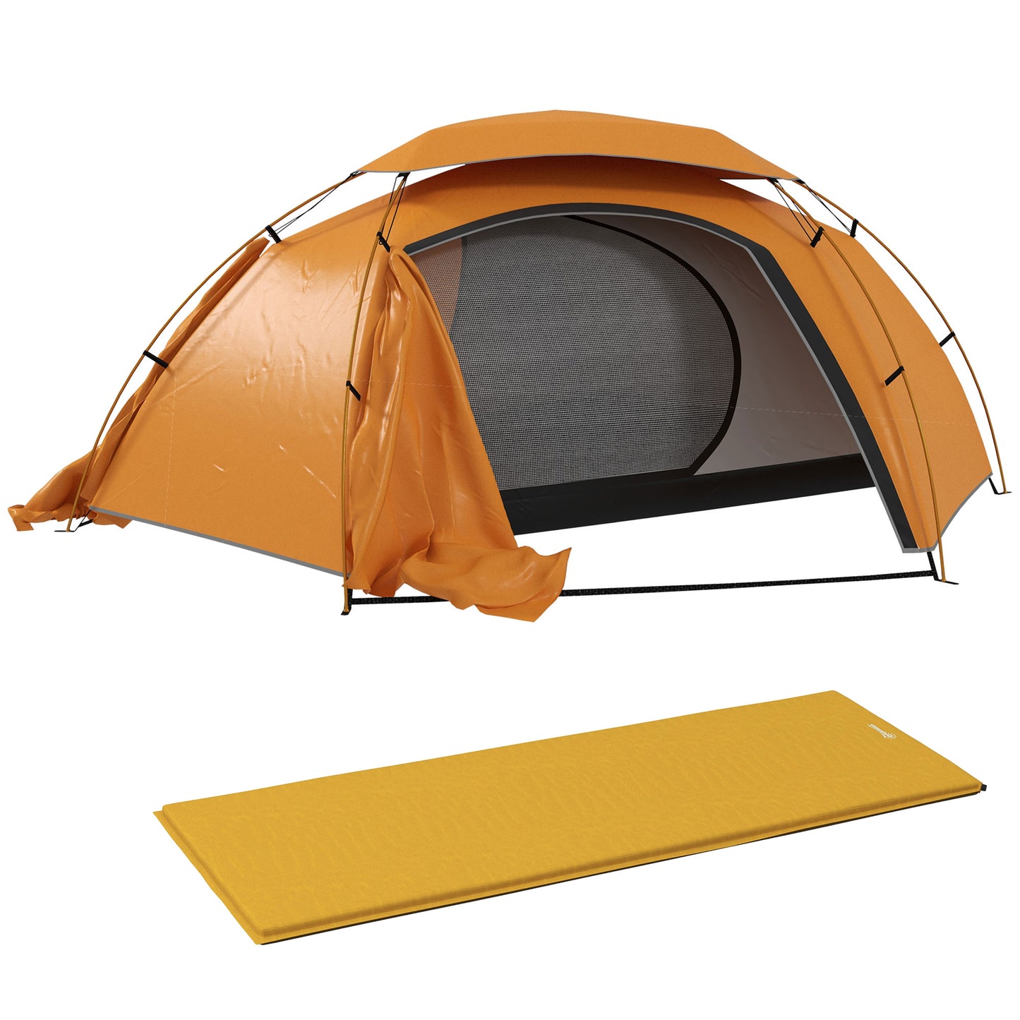Outsunny Camping Tent with Self Inflatable Mattress, 1 Person Dome Tent with Removable Rainfly and Aluminium Frame, 2000mm Waterproof, Portable with Bags, for Fishing Hiking, Orange/Khaki