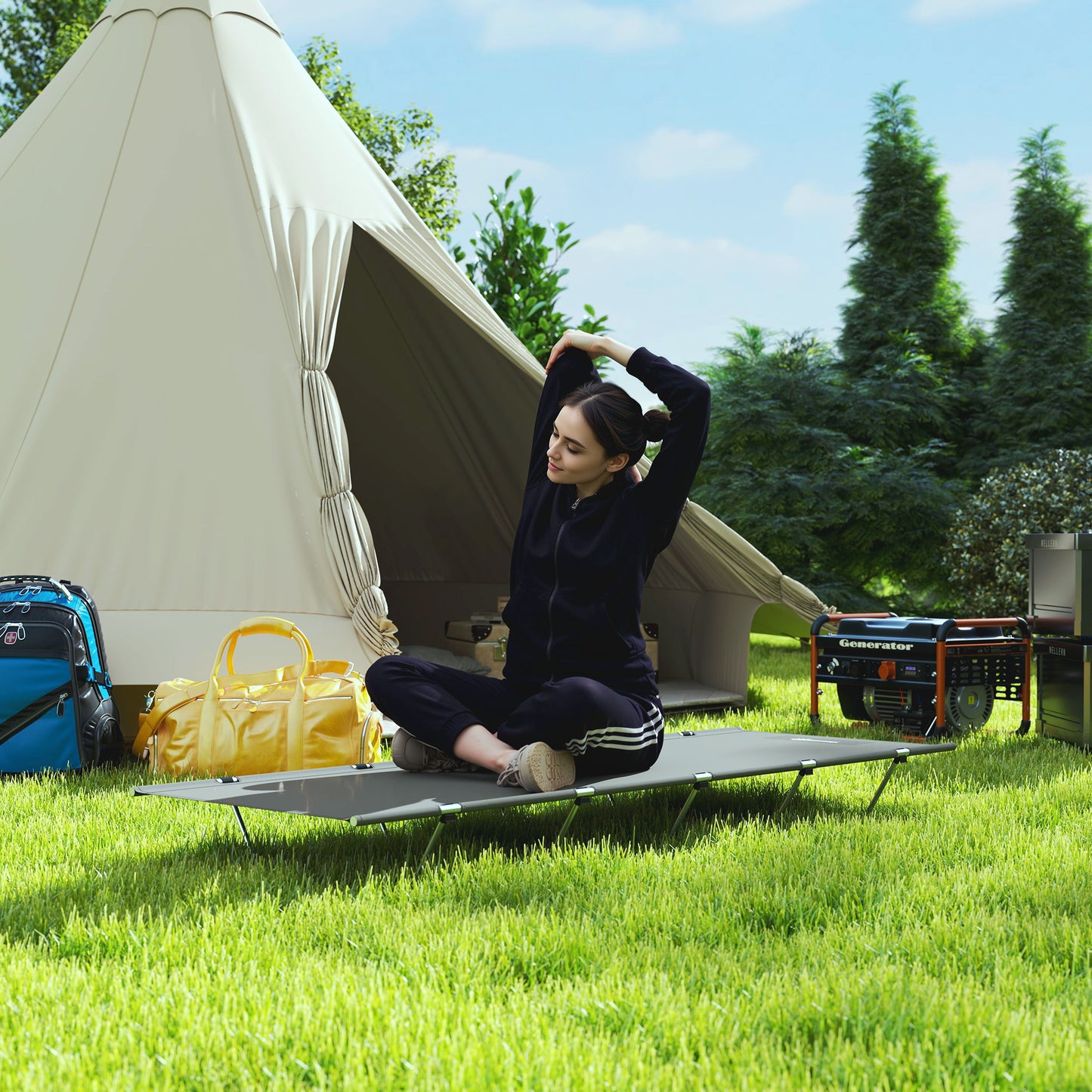 Outsunny Lightweight Camping Bed, Aluminium Portable Camp Cot w/ Strong Support 150kg and Carry Bag for Camping