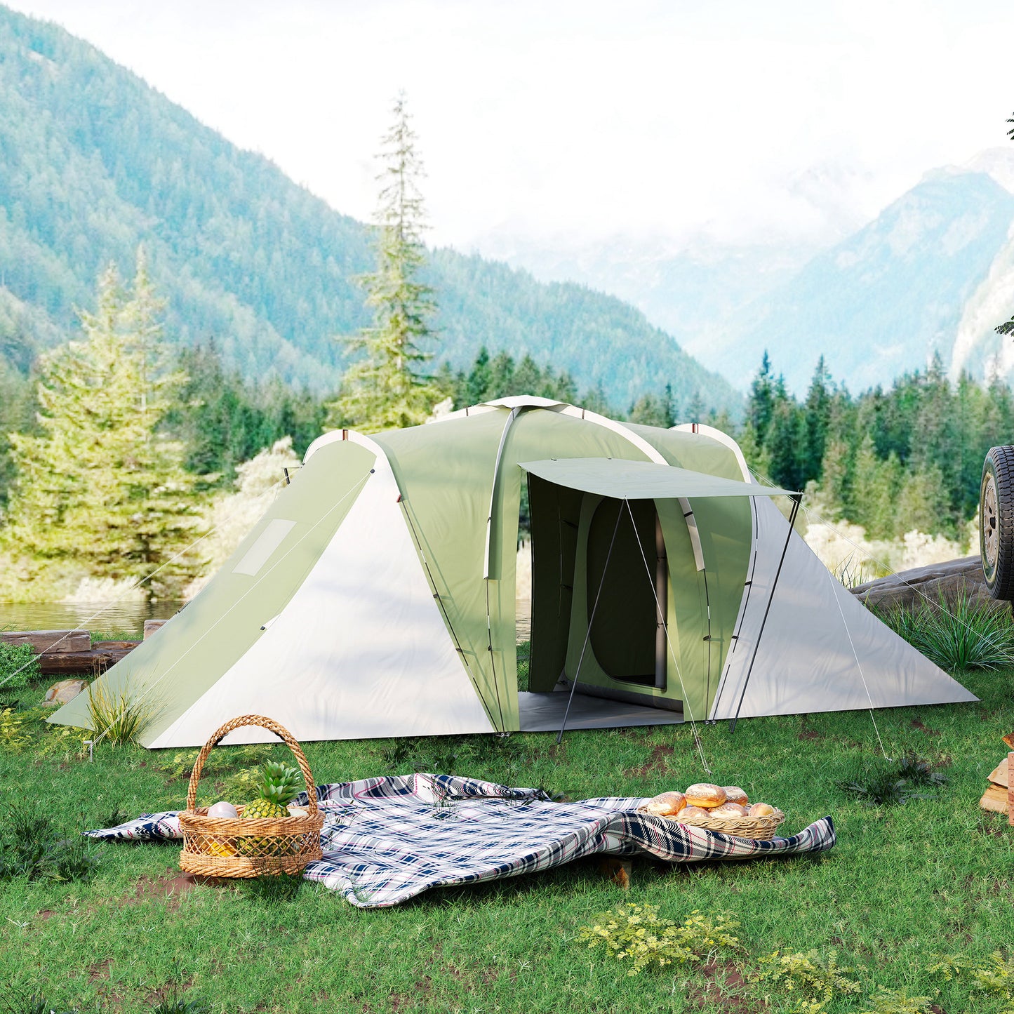 Outsunny Large Camping Tent Tunnel Tent with 2 Bedroom and Living Area, 2000mm Waterproof, Portable with Bag for 4-6 Man