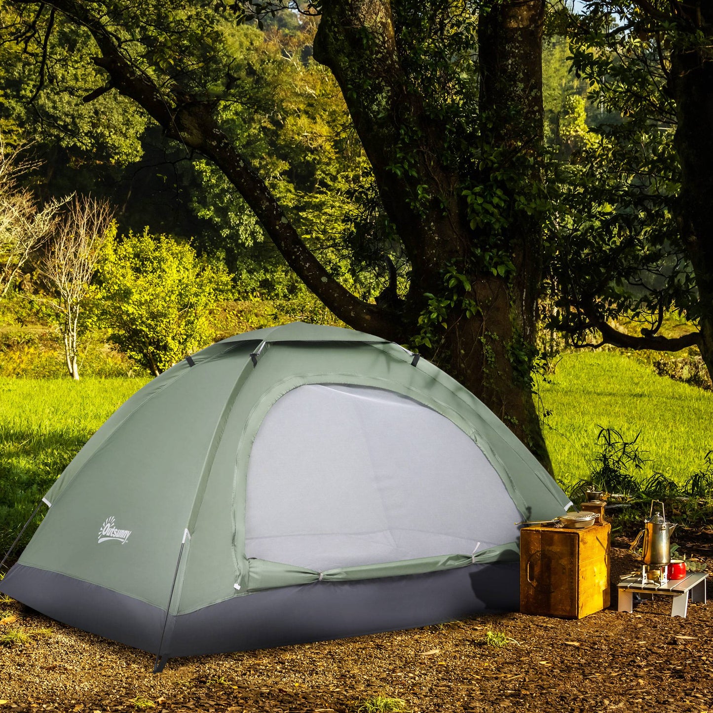 Outsunny 2 Person Camping Tent, Camouflage Tent with Zipped Doors, Storage Pocket, Portable Handy Bag