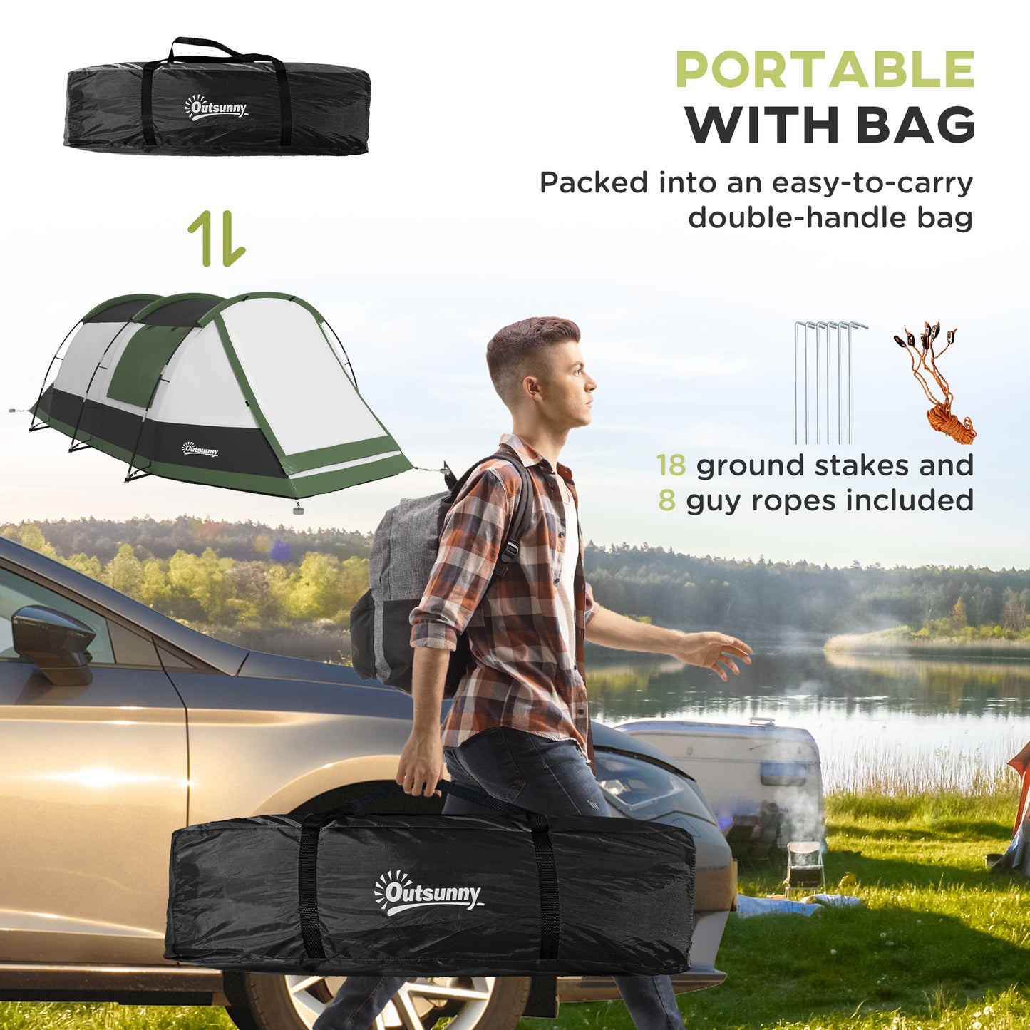 Outsunny Three-Man Camping Tent, with Two Rooms and Porch