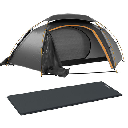 Outsunny Camping Tent with Self Inflatable Mattress, 1 Person Dome Tent with Removable Rainfly and Aluminium Frame, 2000mm Waterproof, Portable with Bags, for Fishing Hiking, Dark Grey/Grey