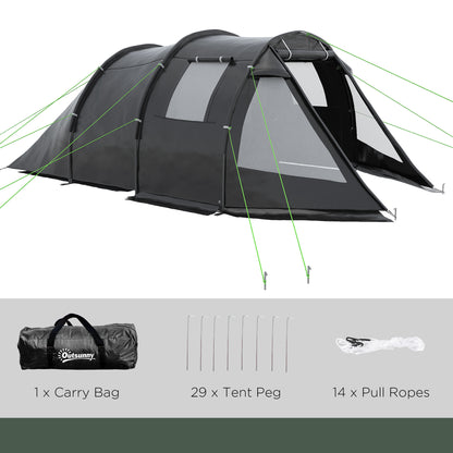 Outsunny 3-4 Man Tunnel Tent, Two Room Camping Tent with Windows and Covers, Portable Carry Bag, for Fishing, Hiking, Sports, Festival