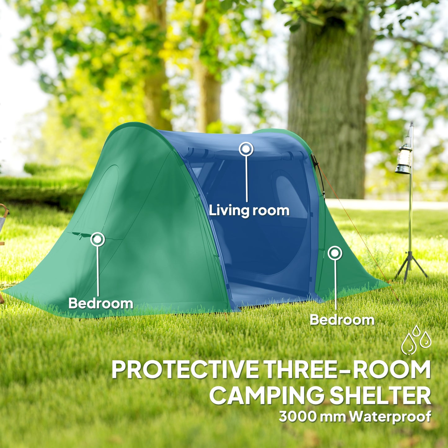 Outsunny 3 Man Camping Tent with Living Area and 2 Bedrooms, 3000mm Waterproof Family Tent with Sewn-in Groundsheet, Portable with Bag for Hiking, Festival, Backpacking