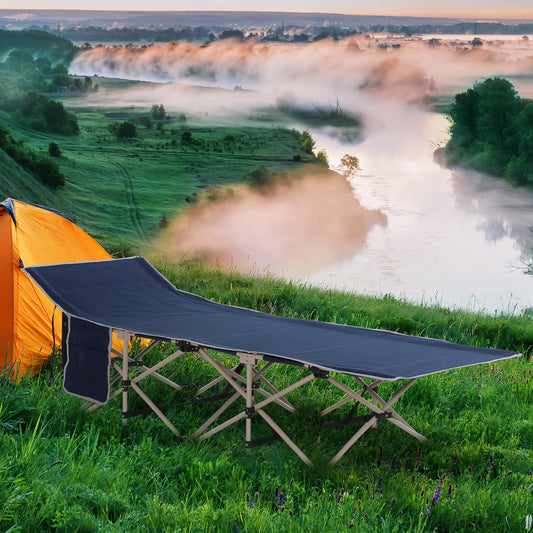 Outsunny Single Person Camping Bed Folding Cot Outdoor Patio Portable Military Sleeping Bed Travel Guest Leisure Fishing with Side Pocket and Carry Bag