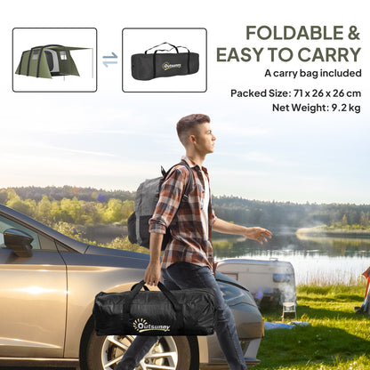 Outsunny Inflatable 3-4 Man Tunnel Tent w/ Air Pump, Living Area & Vestibule, Waterproof Family Camping Air Tent w/ Sewn In Groundsheet & Removable Footprint for Camping, Hiking