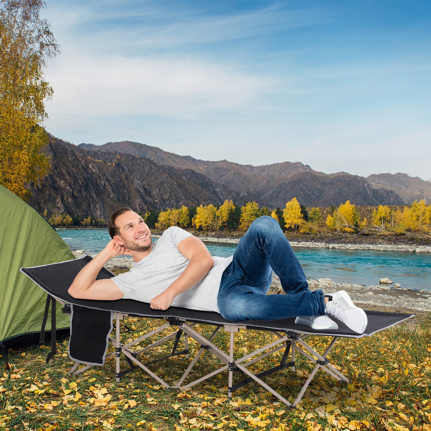 Outsunny Single Person Camping Bed Folding Cot Outdoor Patio Portable Military Sleeping Bed Travel Guest Leisure Fishing with Side Pocket and Carry Bag